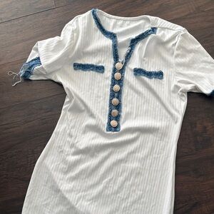 White Dress with Blue Trim and Gold Buttons